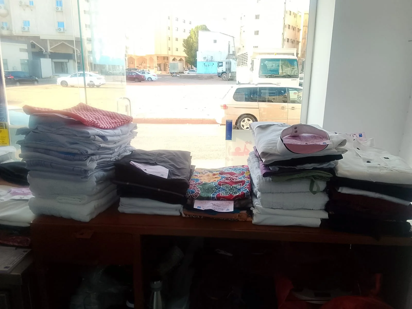 Folded laundry on the shop counter